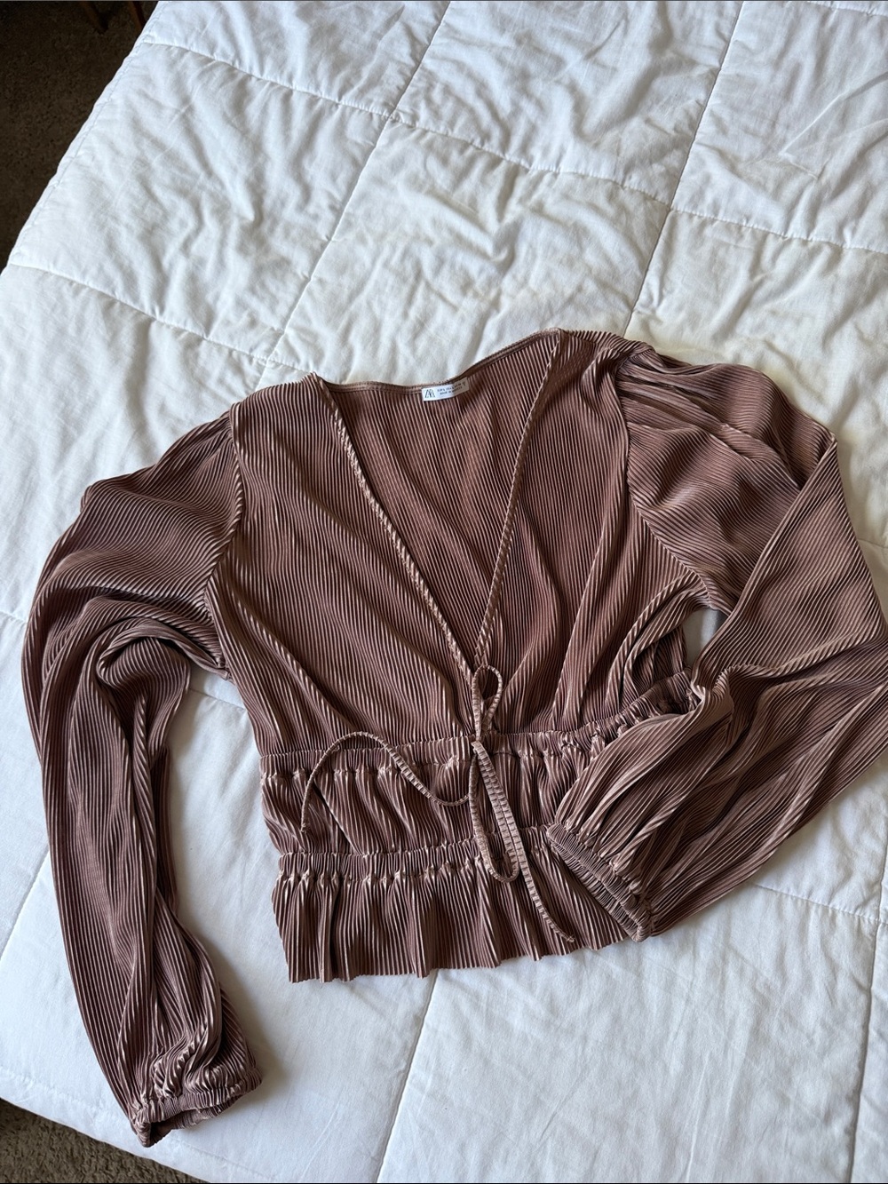 ZARA Pleated Drawstring V-Neck Long Sleeve Top - Mauve Brown